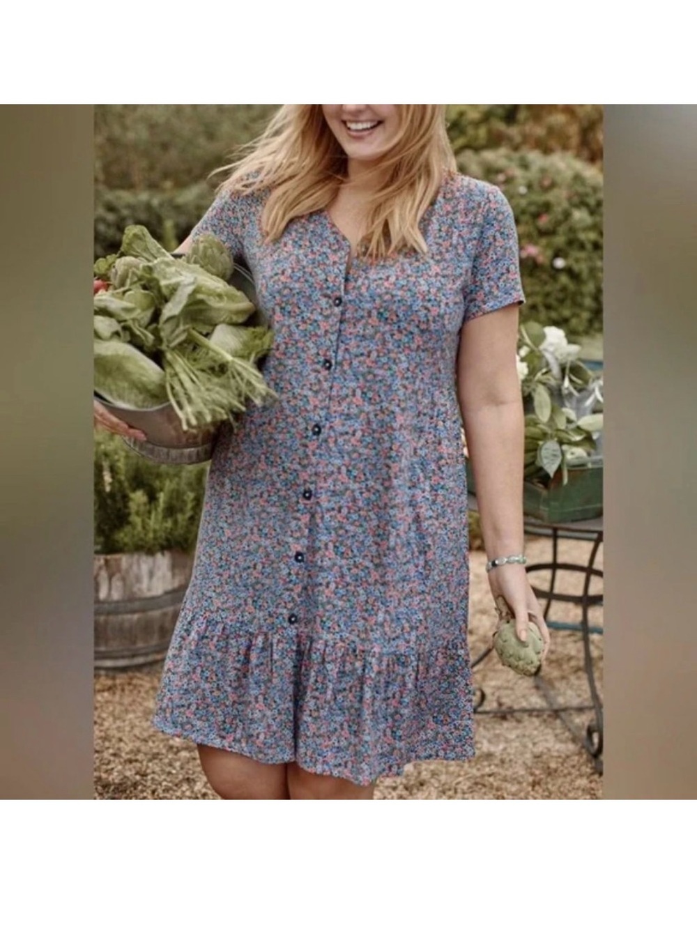J. Jill Blue and Pink Floral Button-Front Mini Dress V-Neck Cotton Medium